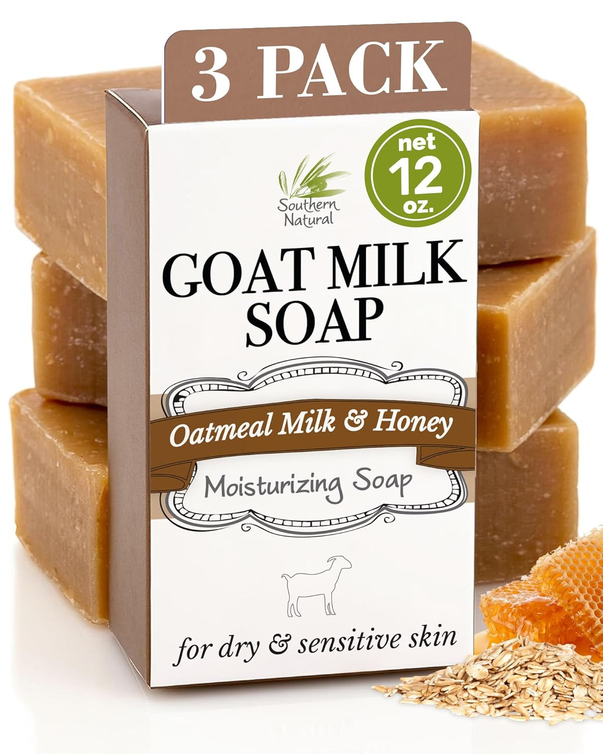 Goat Milk Soap Bar – Oatmeal Milk & Honey 3 Pack – for Dry Sensitive Skin. Natur