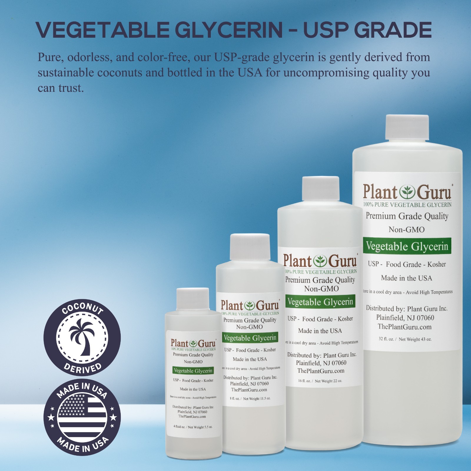 Vegetable Glycerin 32oz (x2 -16 oz) USP 99.9 % Pure Food Grade NonGMO VG PG Bulk