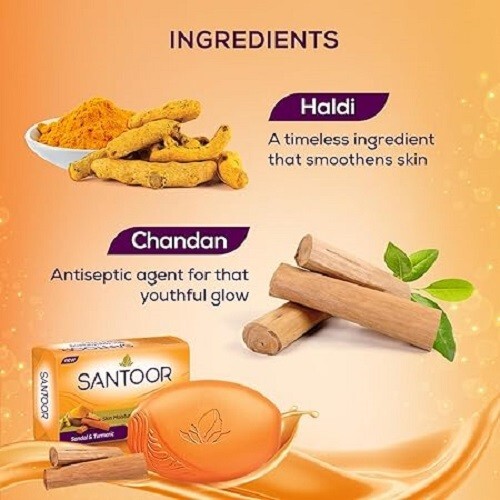 Santoor Skin Moisturizing Sandal & Turmeric Bathing Soap | Pack of 8, 125g