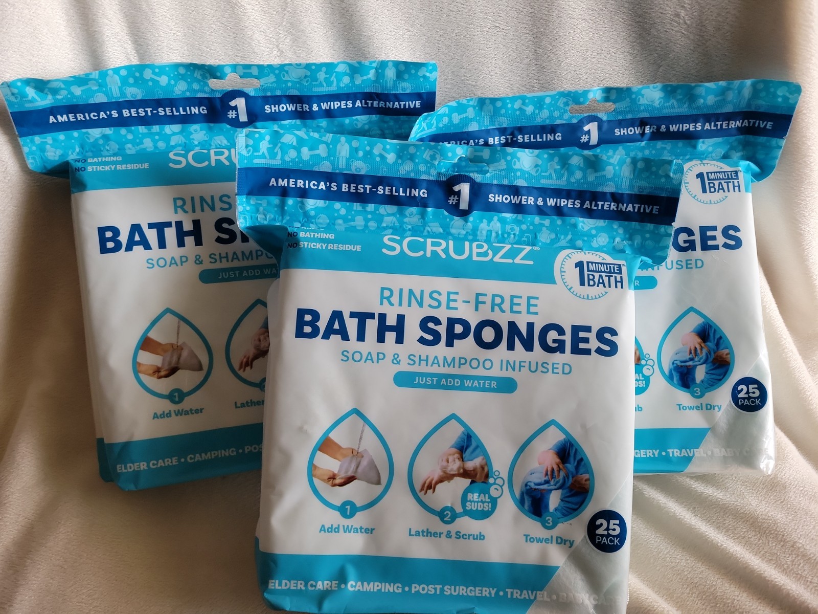 Lot of 3 SCRUBZZ Rinse-Free Bathing Sponges Just Add Water Baby Elderly 75 Total