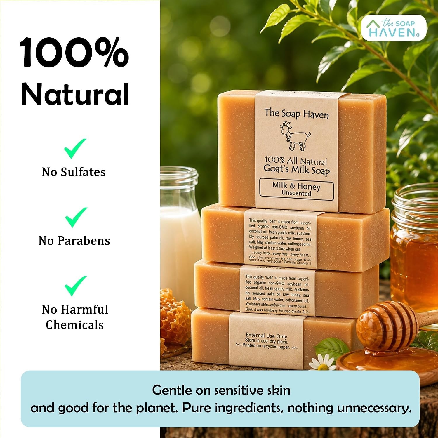 4 Goat Milk Soap Bars with Honey – Unscented & Fragrance-Free for Sensitive Skin
