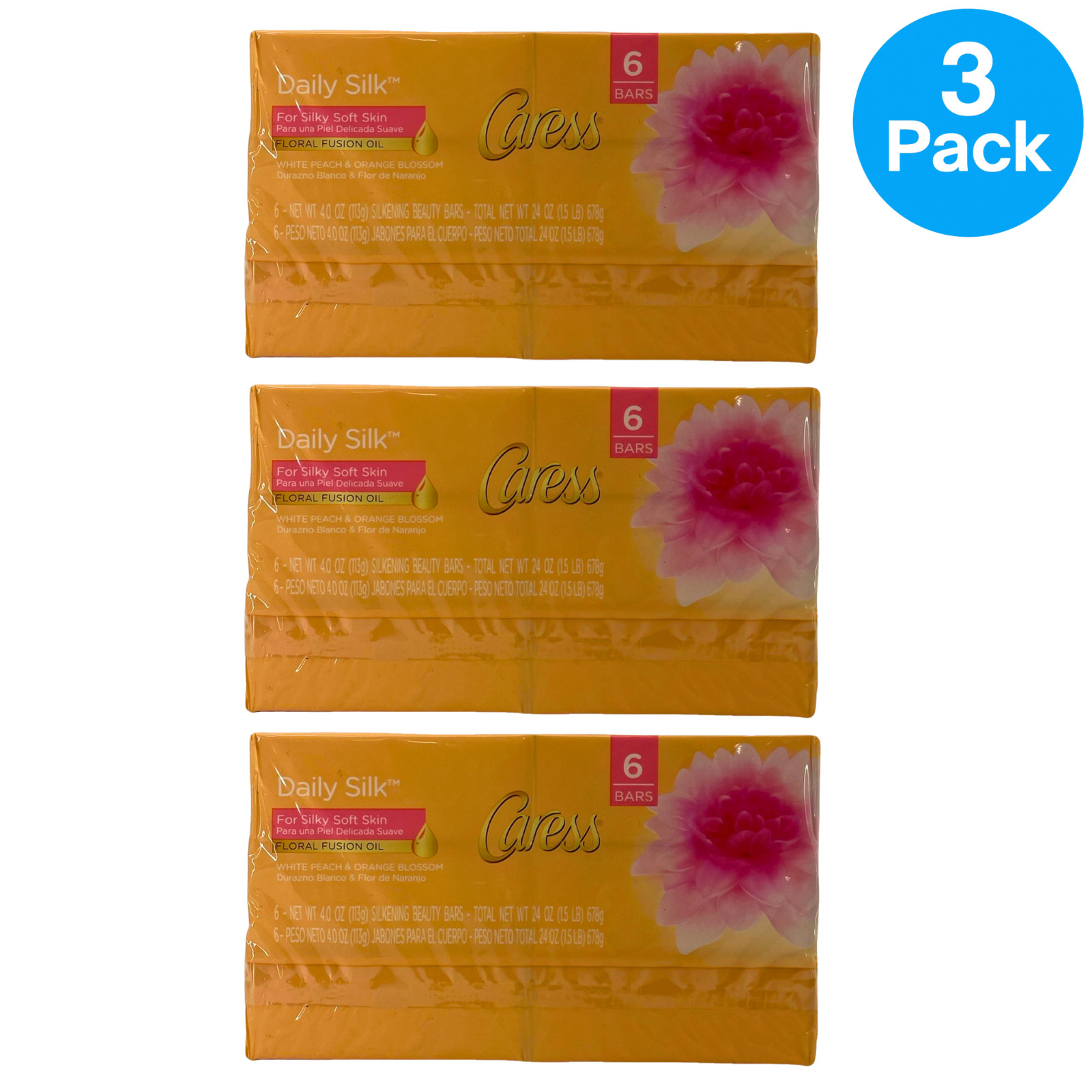 Caress Daily Silk Silkening Beauty Bar Soap White Peach & Orange Blossom 6 Bars