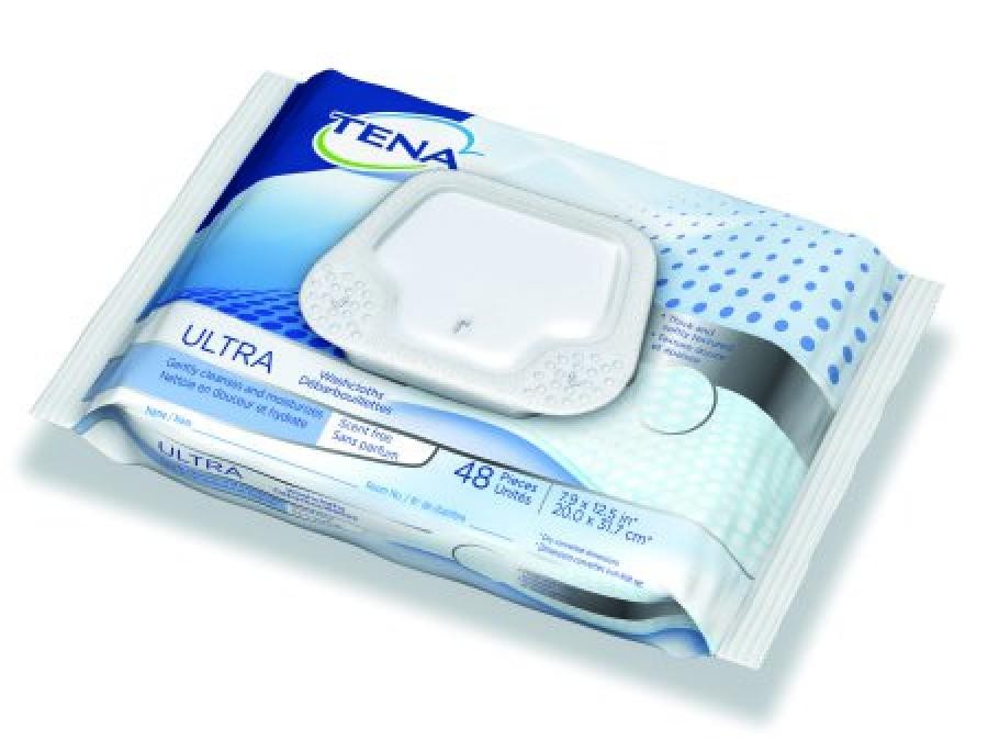 TENA Ultra Washcloths Aloe/Vitamin E Pre-Moistened Rinse Free/Scent Free 48