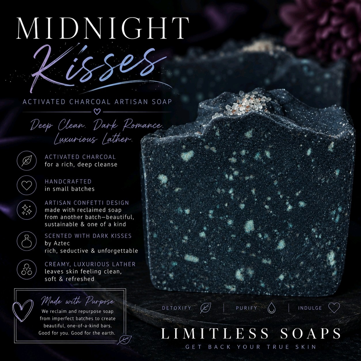 Handmade Activated Charcoal Soap Midnight Kisses