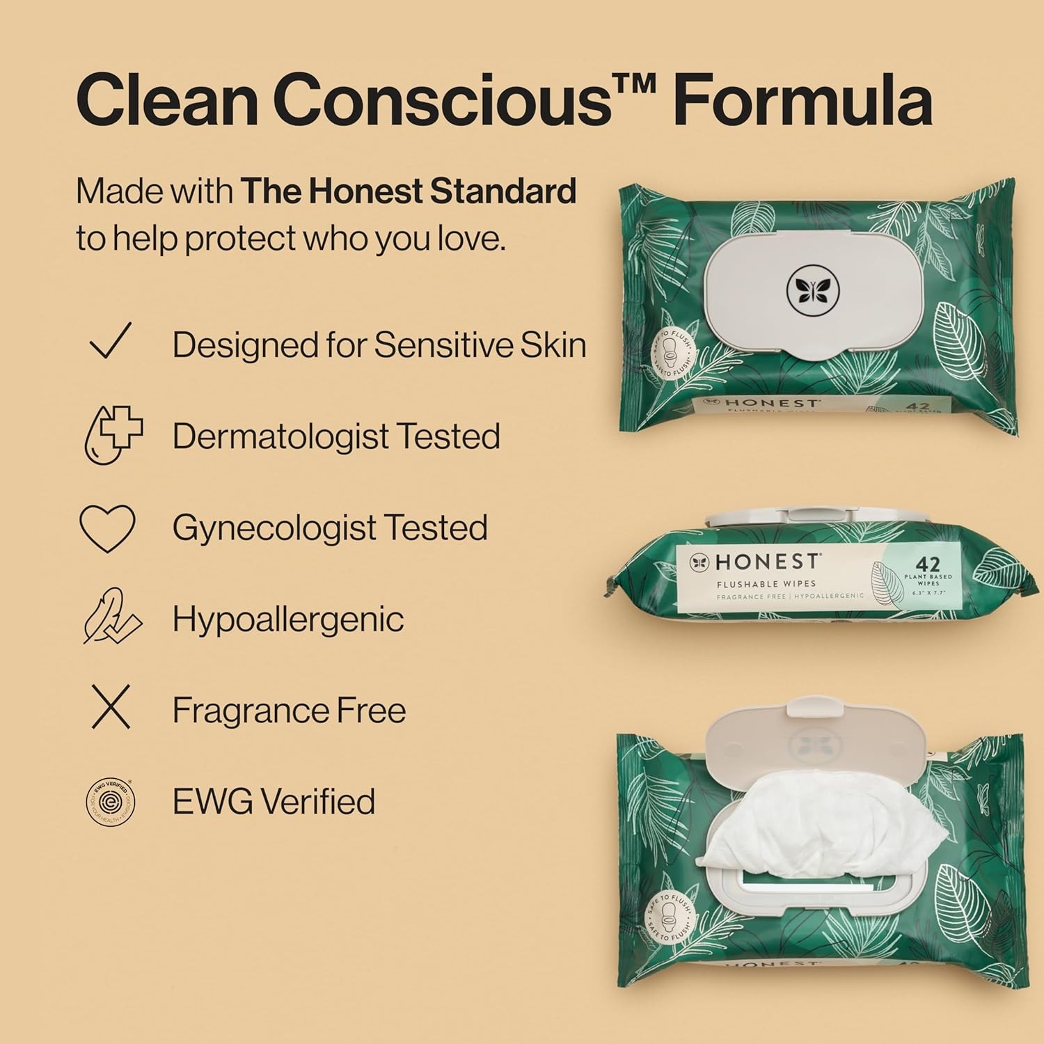 The Honest Company Flushable Wipes for 42 Count (Pack of 8), Tropical Leaves