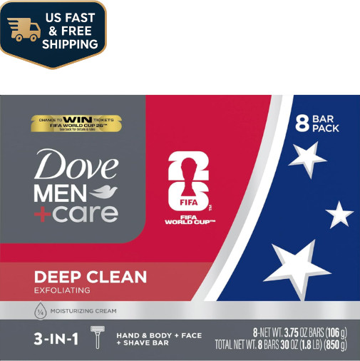 US STOCK Dove Men+Care Deep Clean Bar Soap Body Face Moisturizing 8 Pack