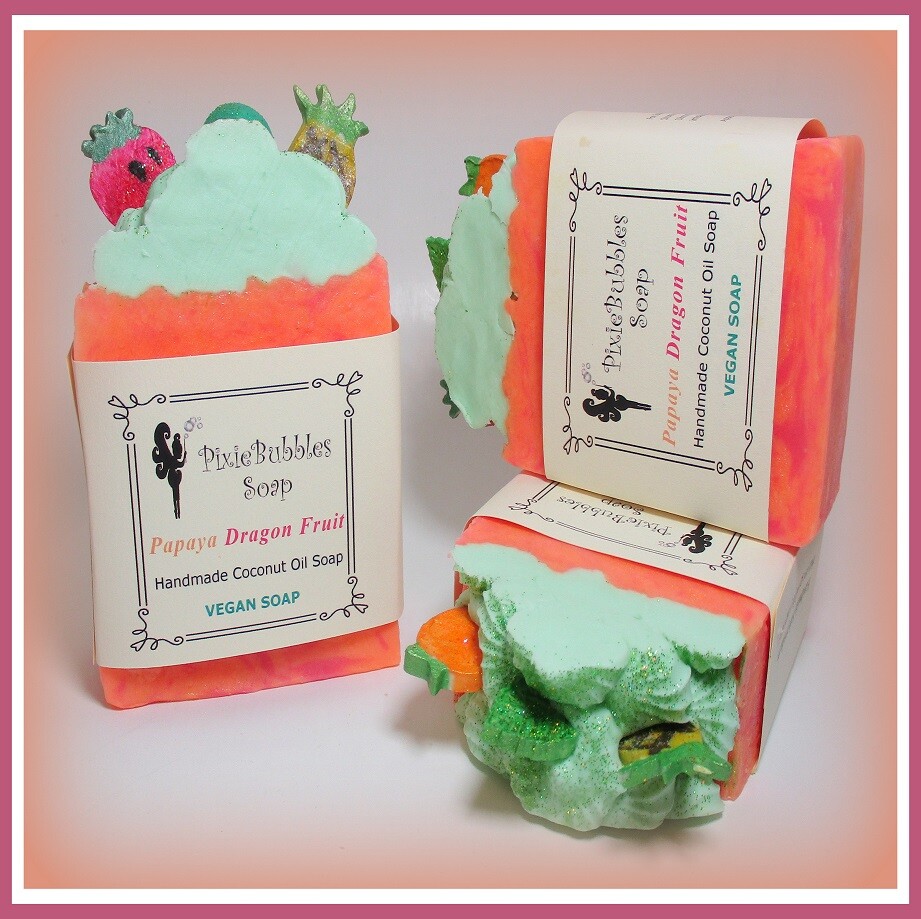 Handmade Soap 6 oz. PixieBubbles PAPAYA DRAGON FRUIT VEGAN Coconut Oil & Shea