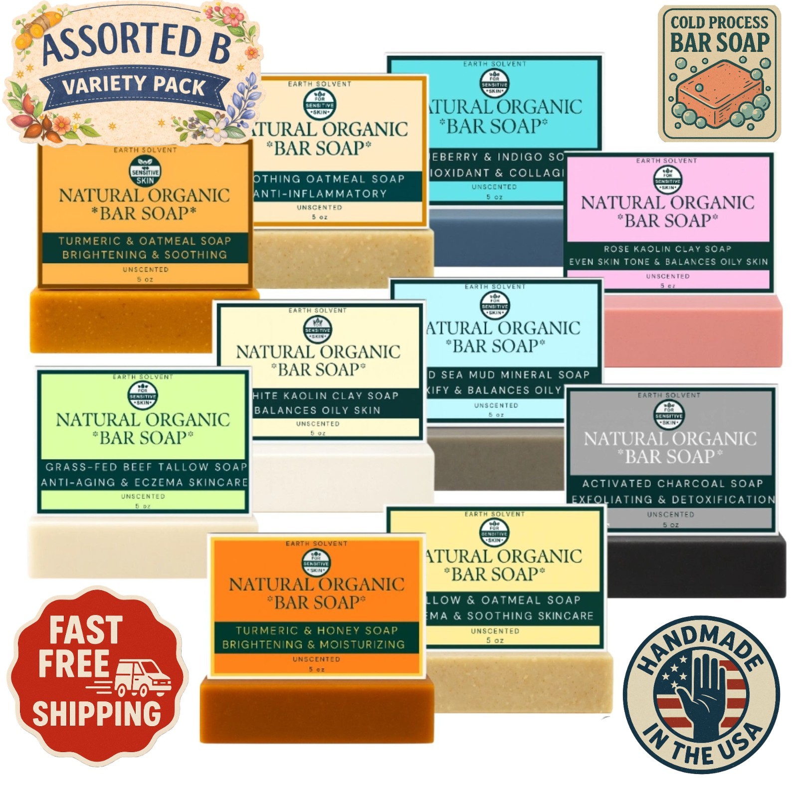 All Natural Organic Bar Soap Cold Process Soap USA Handmade 5oz Assorted 10 PACK