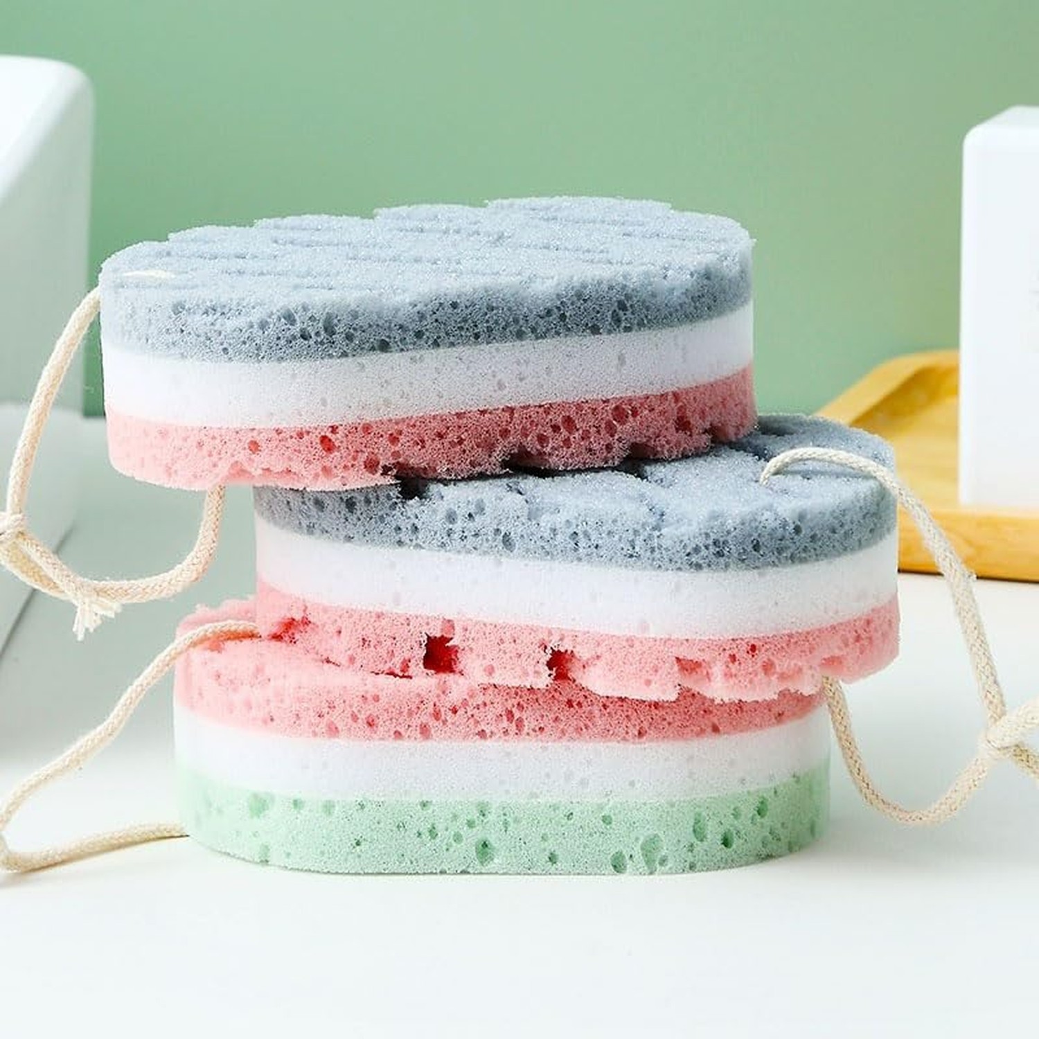 2-Piece Set of 3-Layer Bath Sponges: Soft PU Foam Body Exfoliating Sponges, E…