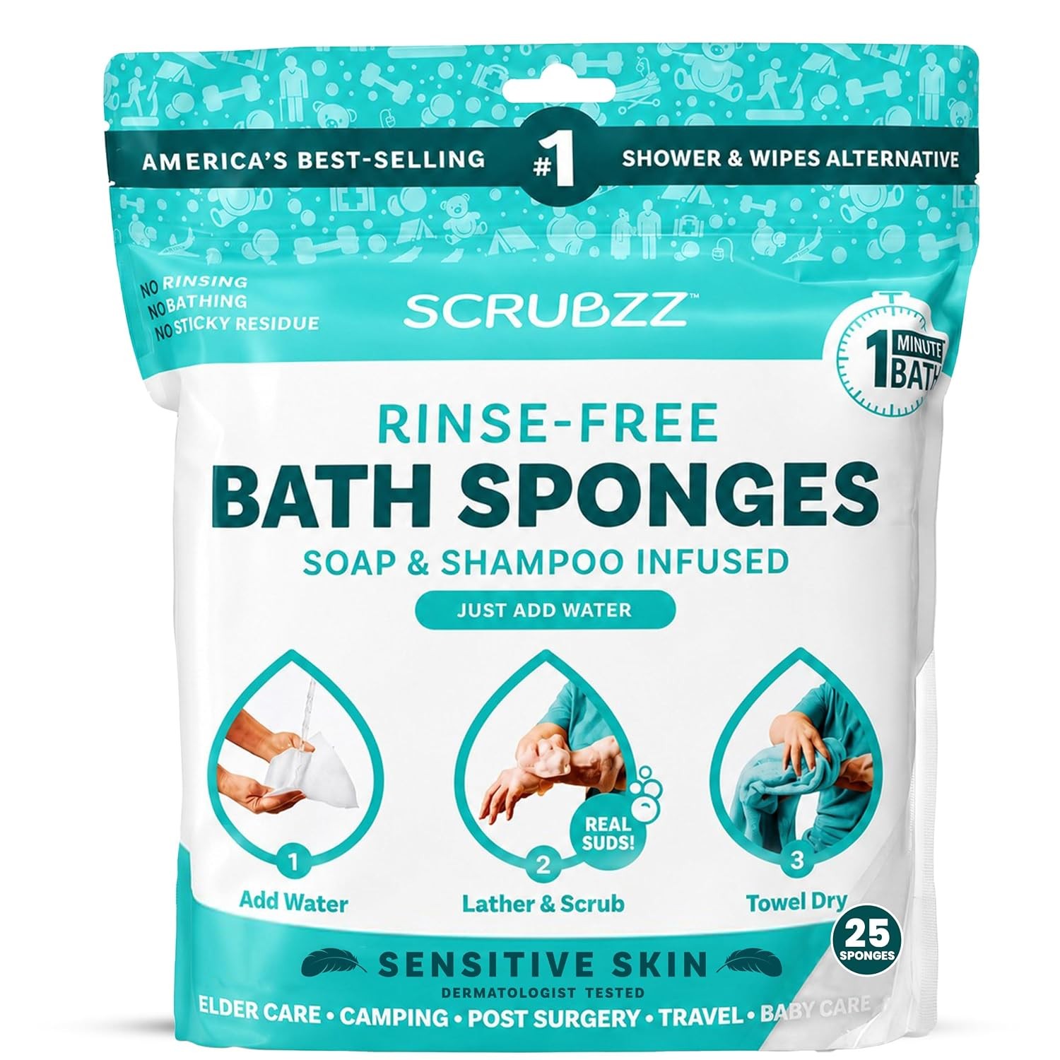 Disposable No Rinse Bathing Wipes for Senstive Skin – 25 Pack – All-in-1 Single