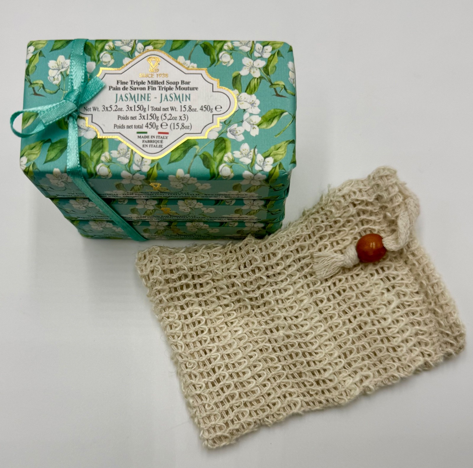 Zeni Jasmine Triple Milled Soap Bars 3x 5.2oz Made in Italy Total 15.8oz + 1 Bag