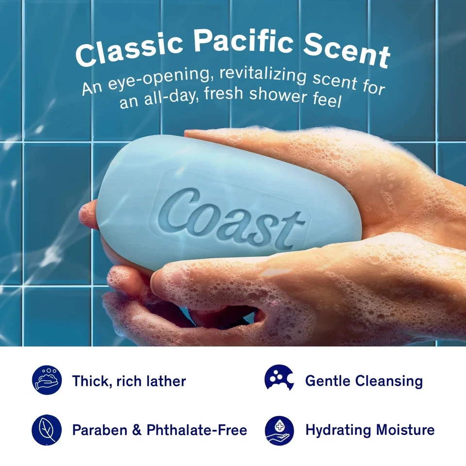 Coast Refreshing Deodorant Bar Soap, for All Skin Types, Classic Scent, 3.2 oz,