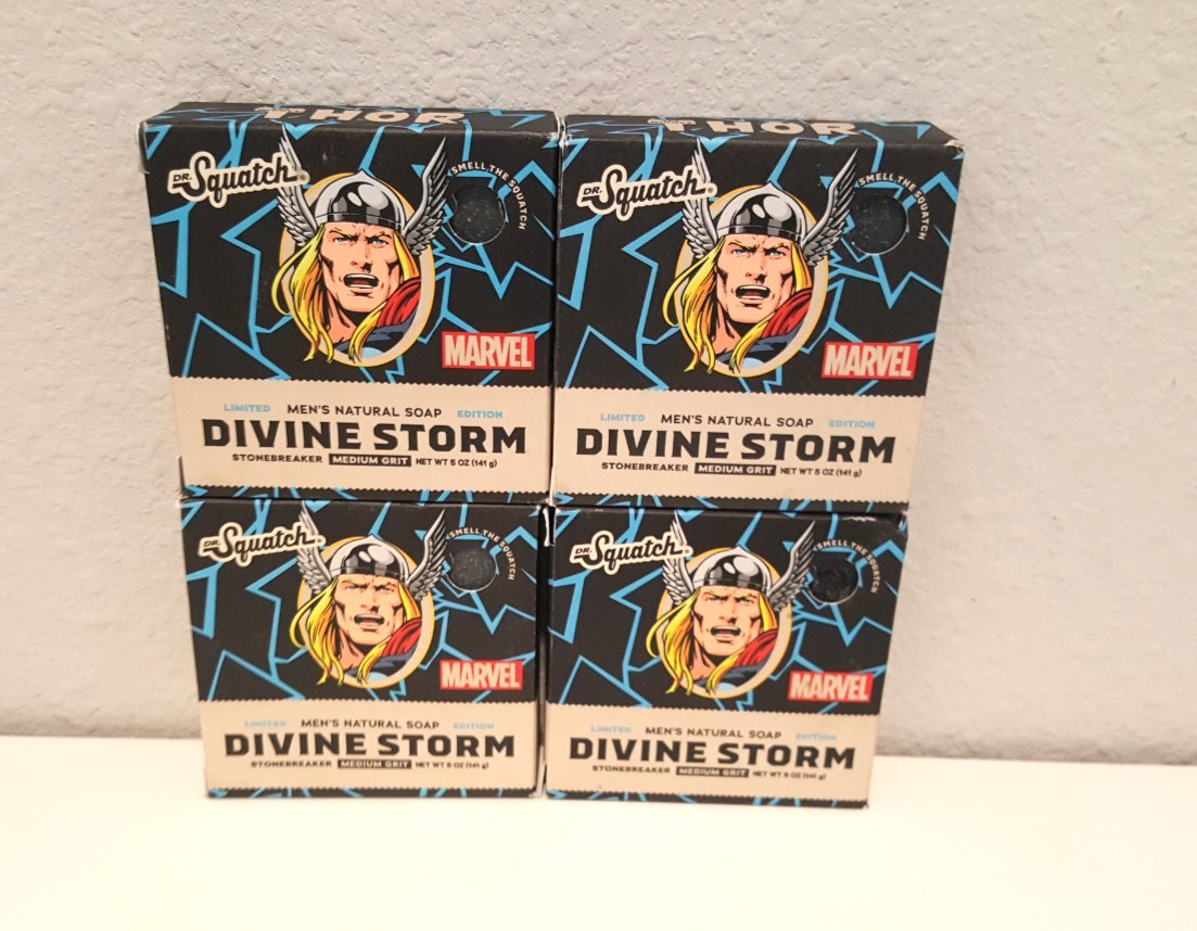 4 Pk: Dr. Squatch Marvel Thor DIVINE STORM Med. Grit 5oz Soap Bar