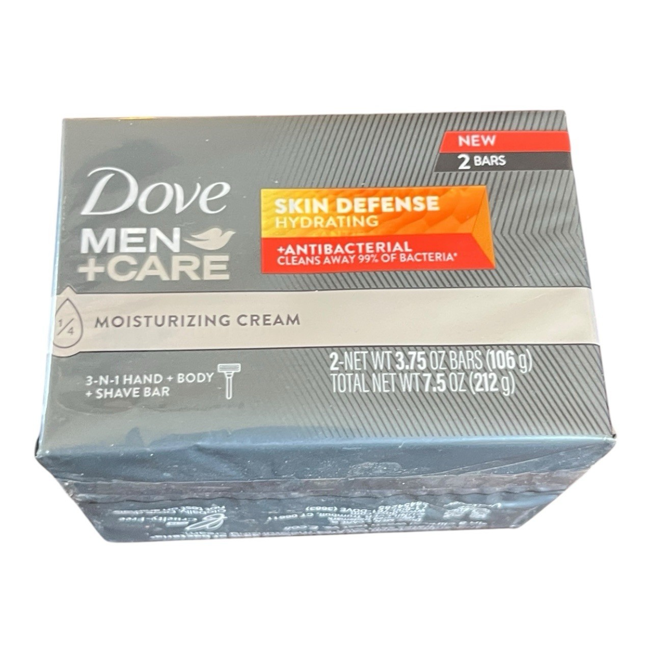 Dove Men+Care 3-N-1 Hand+Body+Shave Bar Skin Defense Soap 2 Bars 3.75 Oz NEW