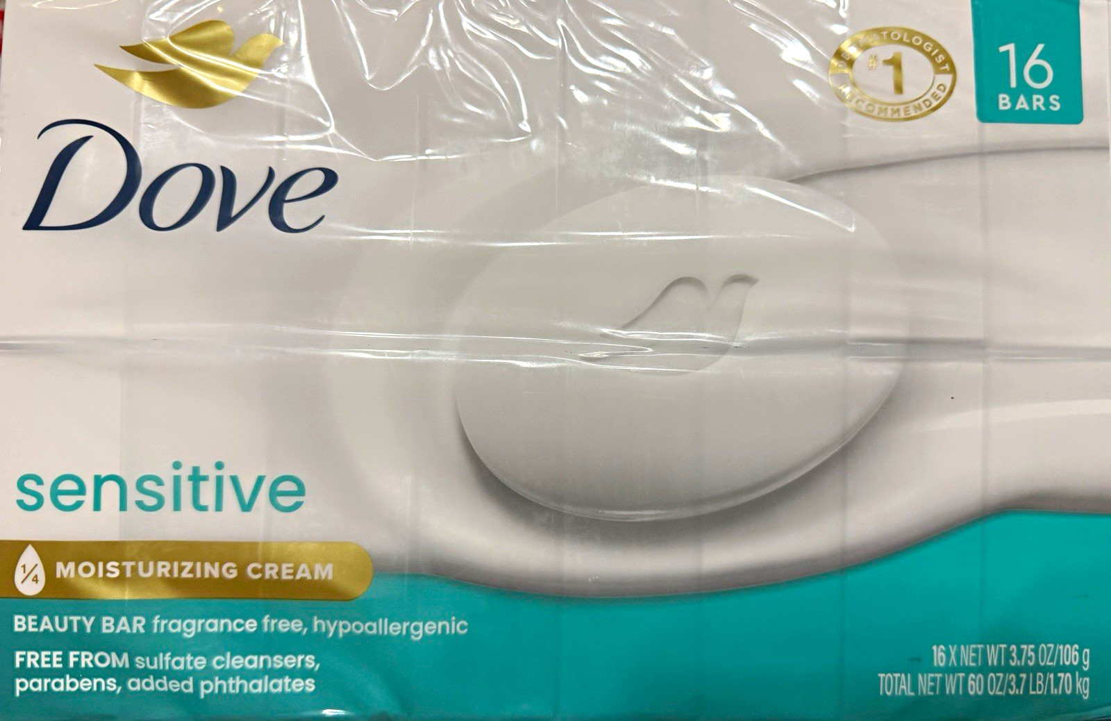 Dove Sensitive Skin Beauty Bar Fragrance-Free Hypoallergenic 16×3.75oz