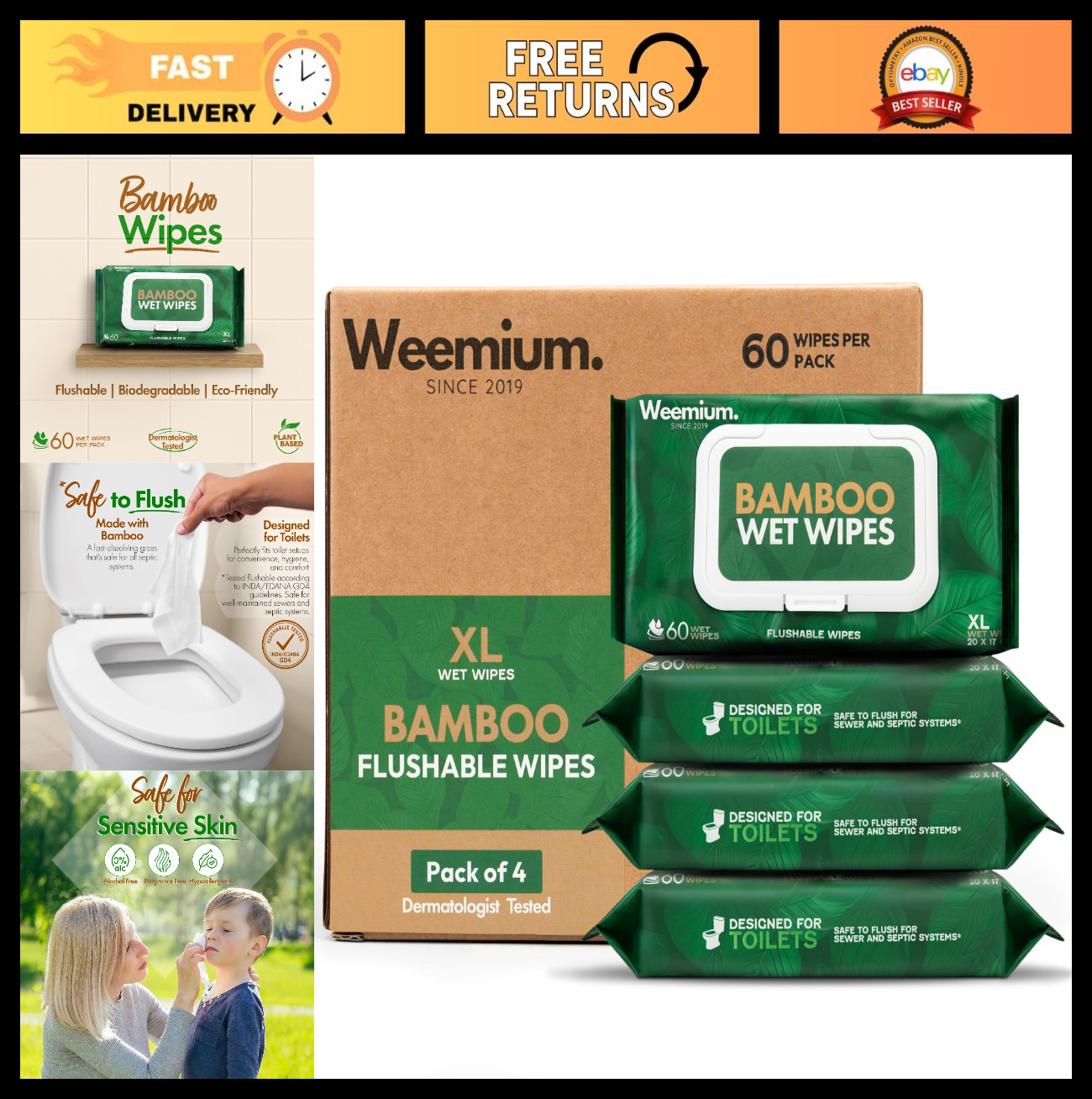 240 XL Flushable Bamboo Wipes – Organic, Unscented, Biodegradable, Eco-Friendly