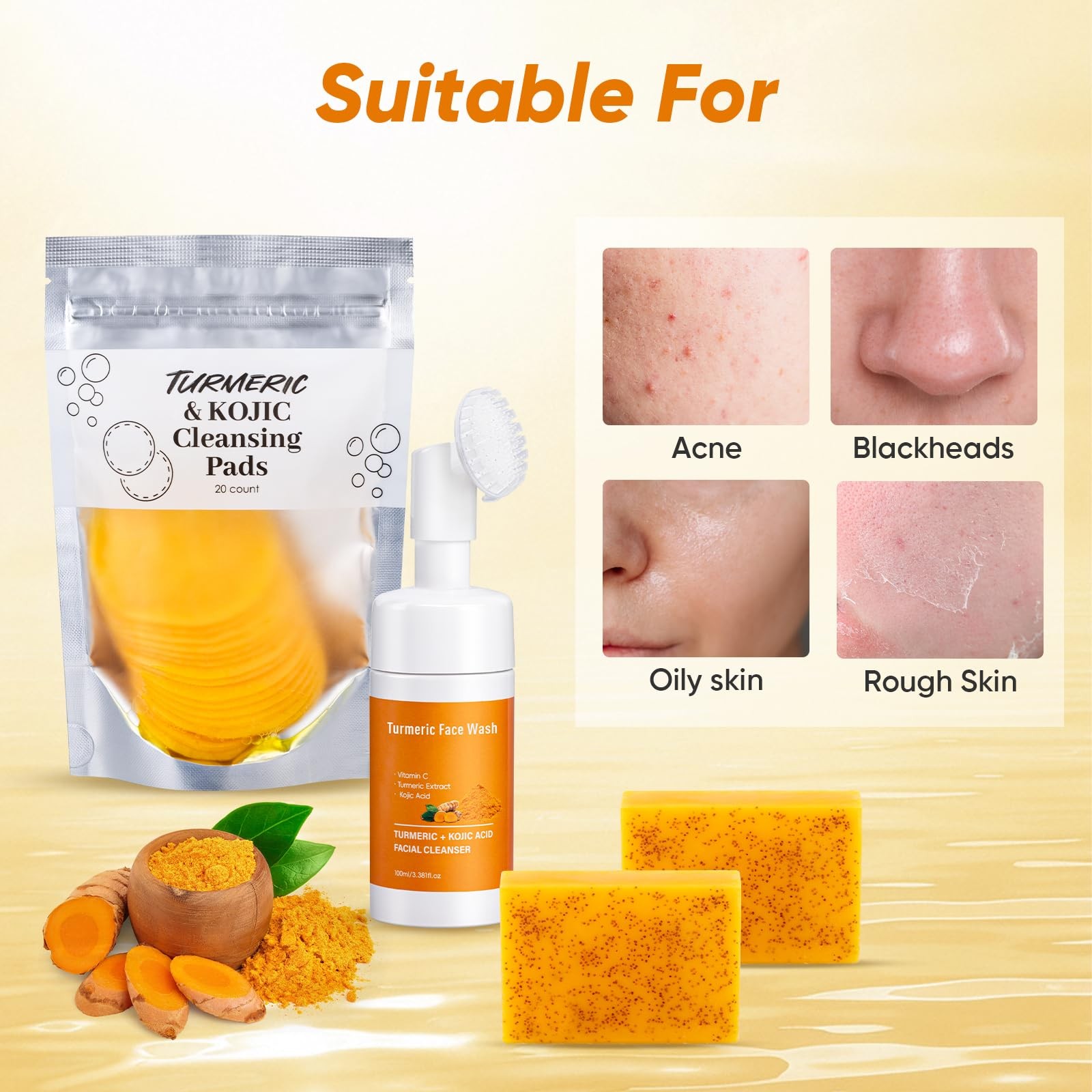 Treeroot 4Pcs Turmeric Face Wash Set: 2Pcs 70g Turmeric Kojic Acid Soap & Tur…