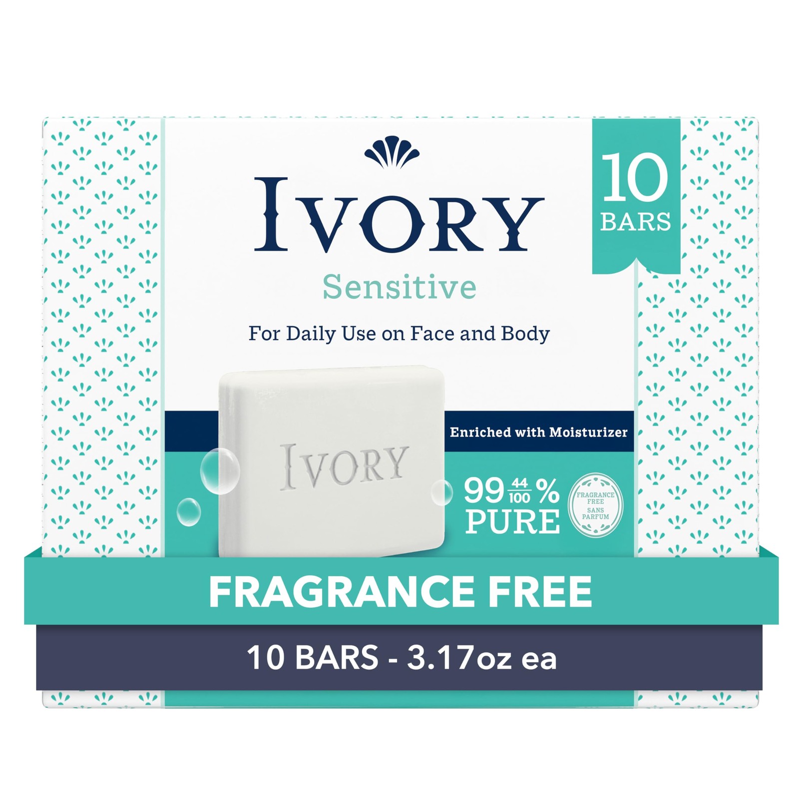 Ivory Sensitive Bar Soap 10 Count Fragrance Free Plant-Based Cleanser