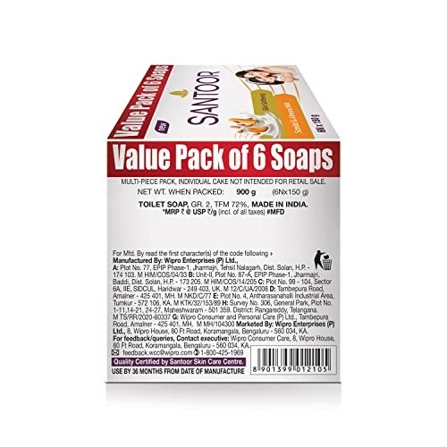 Santoor Sandal Almond Milk Bathing Soap 150g Pack of 6 Skin Softening Bars FS