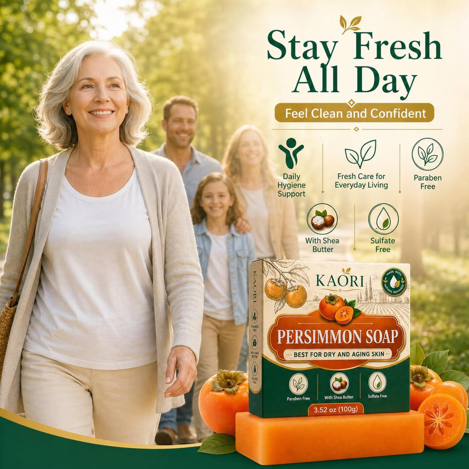 Persimmon Soap Green Tea Extract For Dry Aging Skin Unisex 1pc