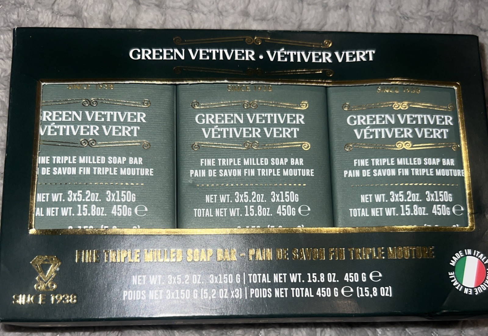 Zeni Green Vetiver Triple Milled Soap Bars 3x 5.2oz Made in Italy Total 15.8oz