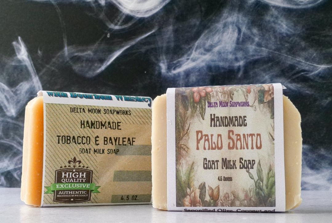 Handmade Tobacco Bay Leaf and Palo Santo Goat Milk Soap, + samples