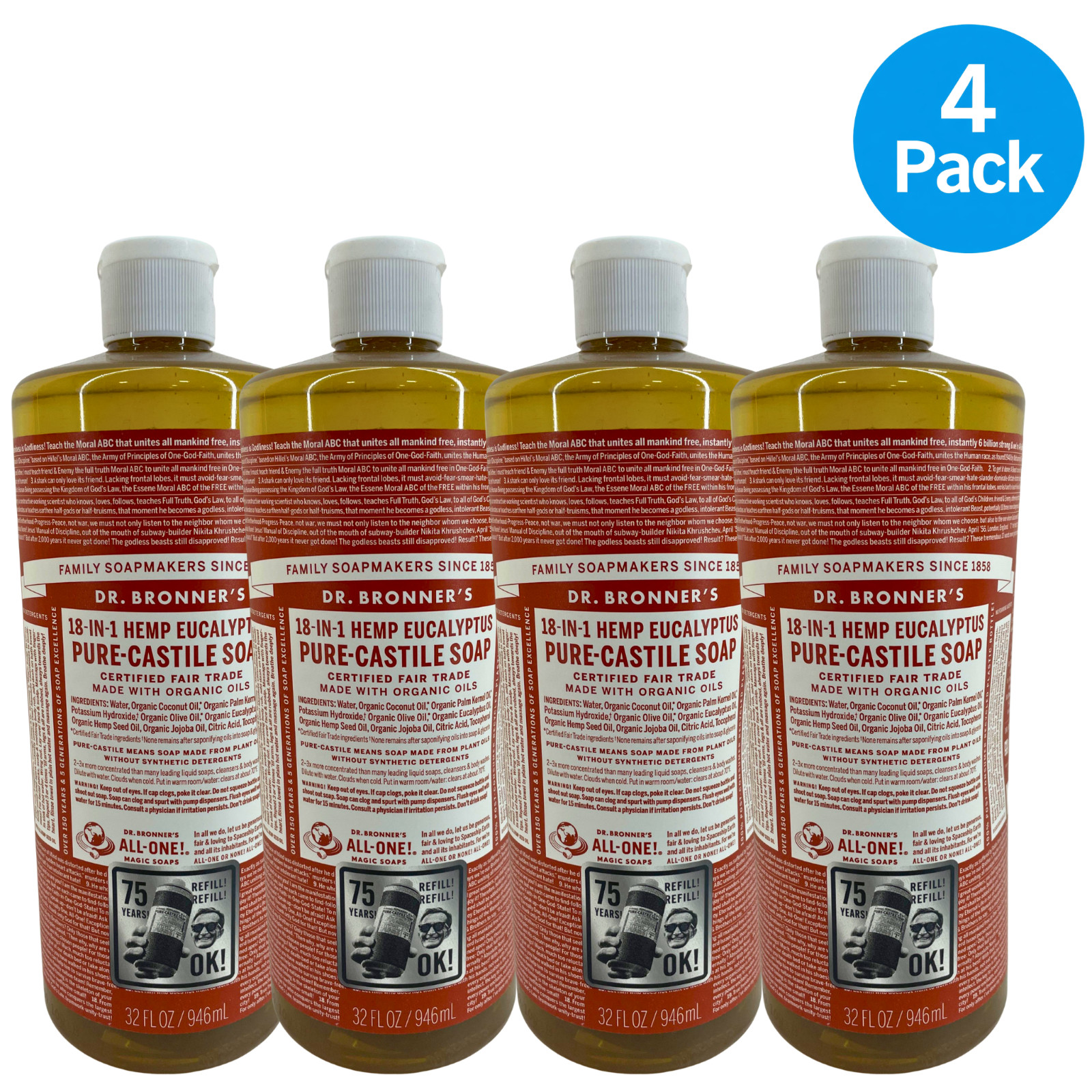 Dr. Bronner’s 18-in-1 Pure-Castile Magic Soap Eucalyptus 32 fl oz 4 Pack New