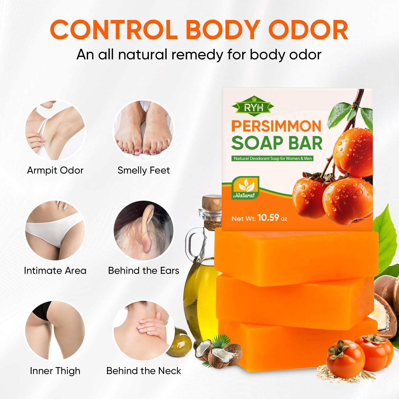 RYH 3 PCS Persimmon Soap Bar for Body Odor 1.18 Ounce (Pack of 3)