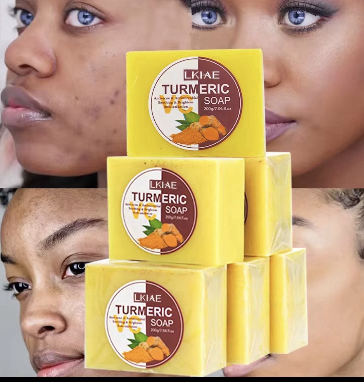 LKIAE VC Turmeric Soap Bar 200g Yellow Rectangular Deep Cleansing Anti-Acne