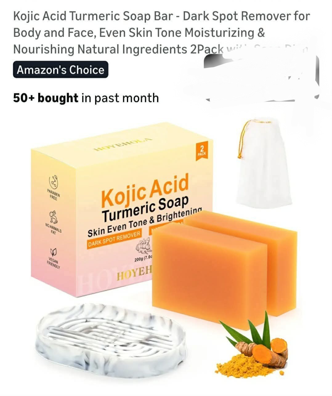 HOYEHOLA Kojic Acid Turmeric Dark Spot Remover Soap Bars 2-Pack 200g
