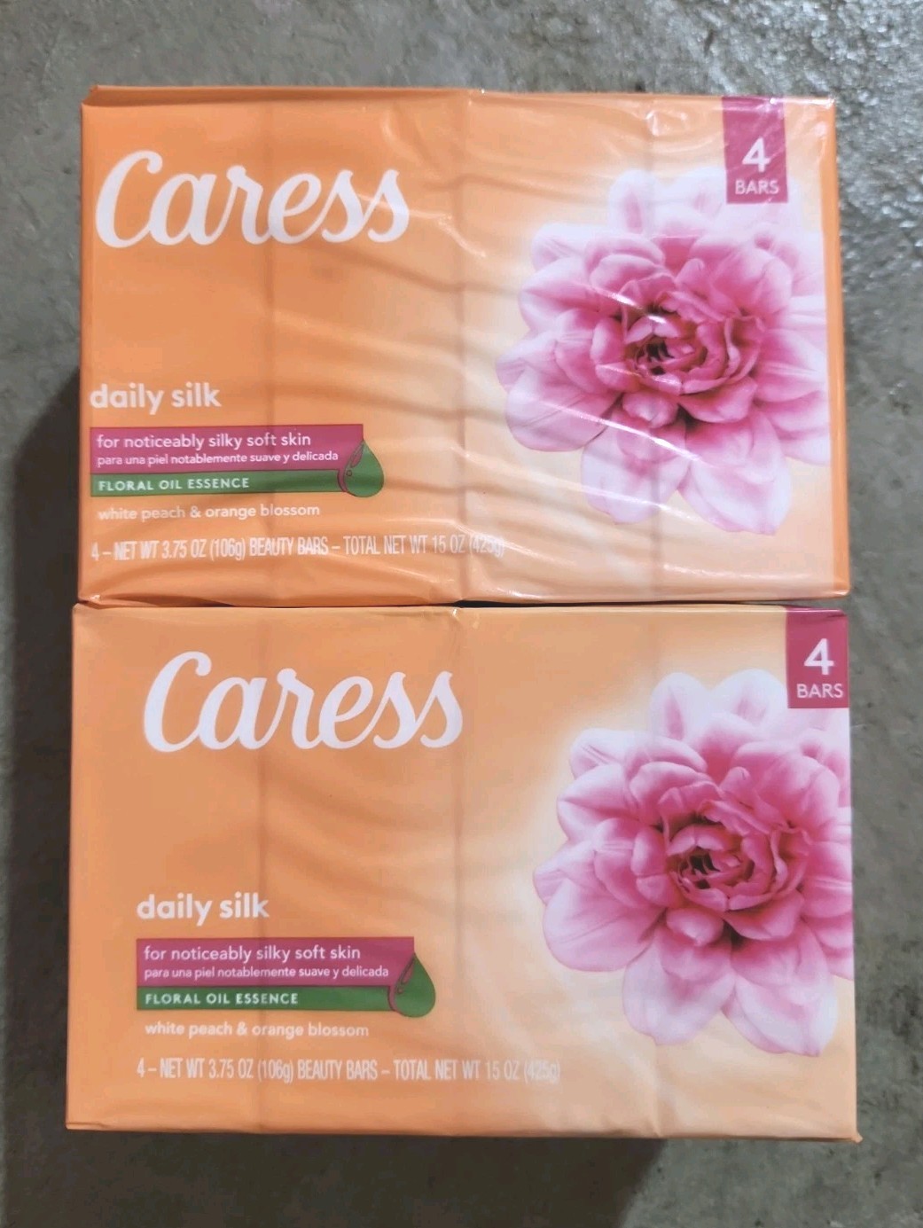 2 Caress Daily Silk Beauty Bar Soap 4 Pack White Peach & Orange Blossom 8 Total
