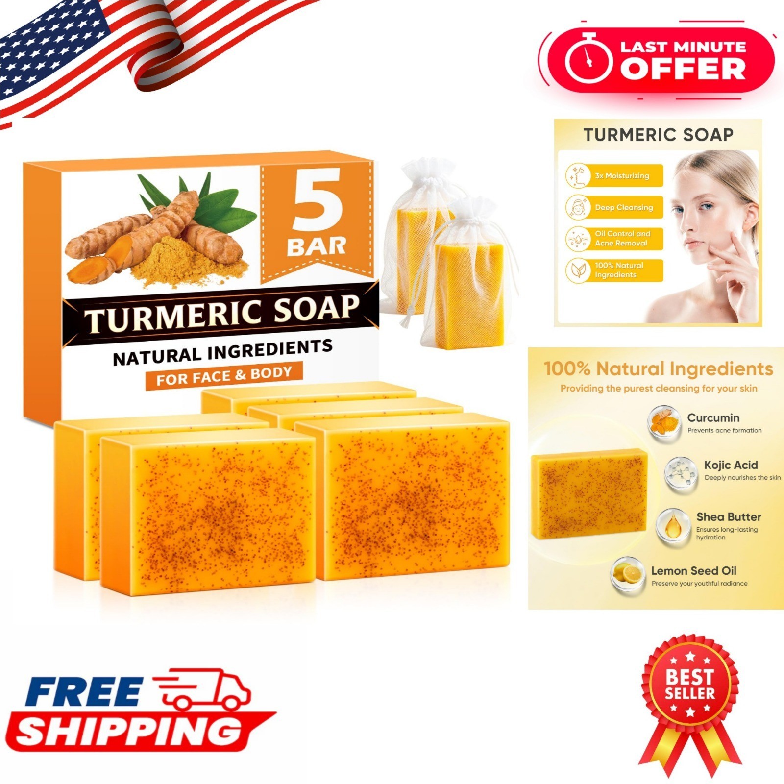 Treeroot Turmeric Soap 5 Pack – Kojic Acid & Vitamin C, Natural Ingredients