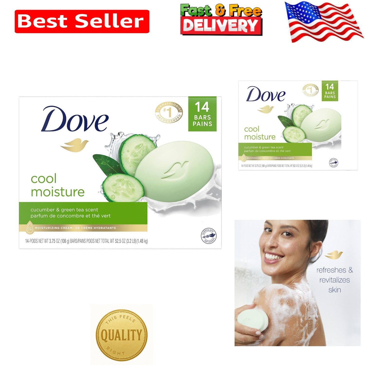 Cucumber & Green Tea Dove Beauty Bar – 14 Pack Moisturizing, Gentle Cleansing