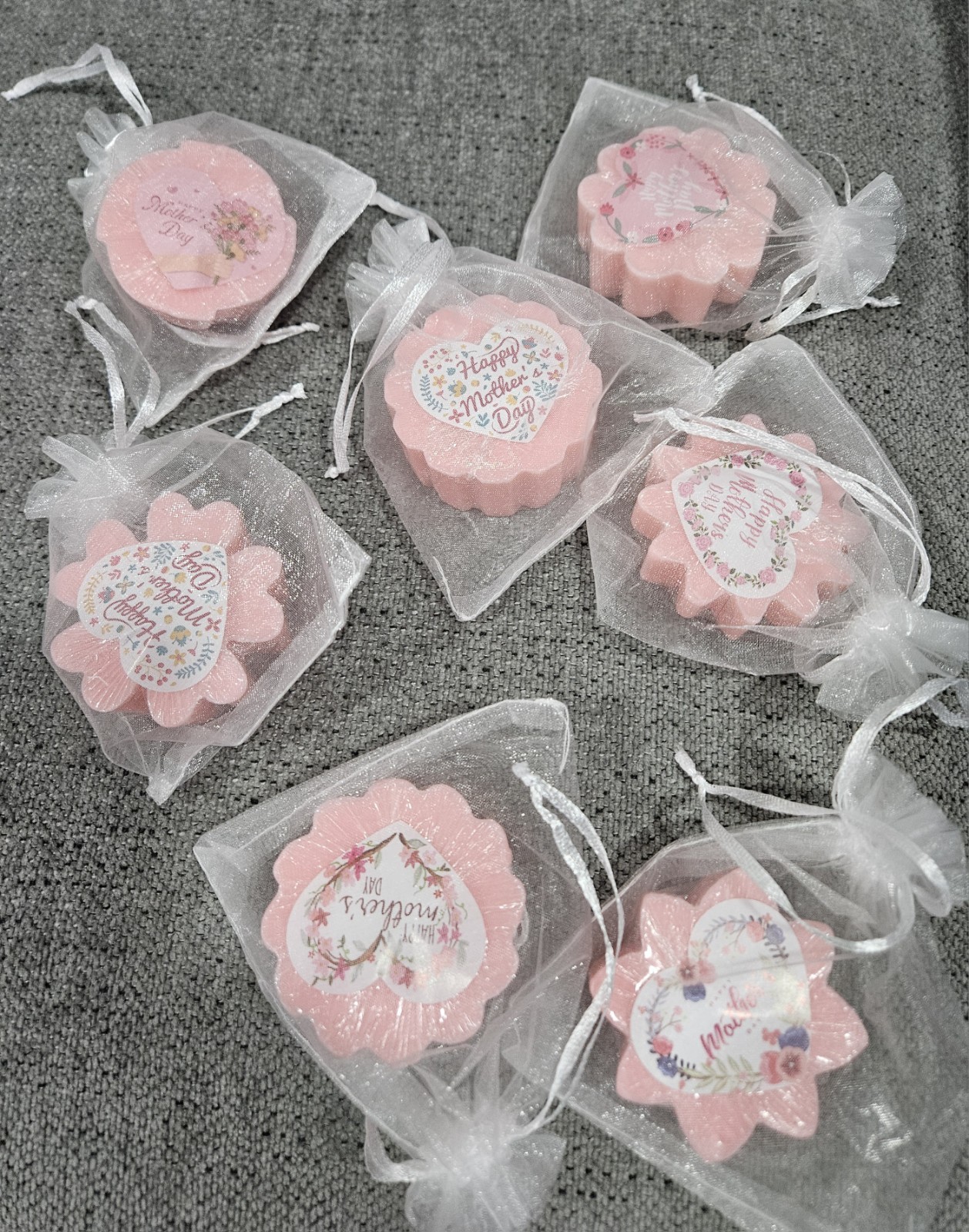 Handmade Floral Flower-Shaped Body Bar Soap Set, Pink/Purple/Yellow Organza