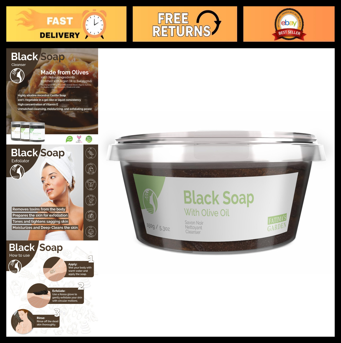Natural Olive Oil Black Soap – 150g Organic Cleanser for Skin & Face Care
