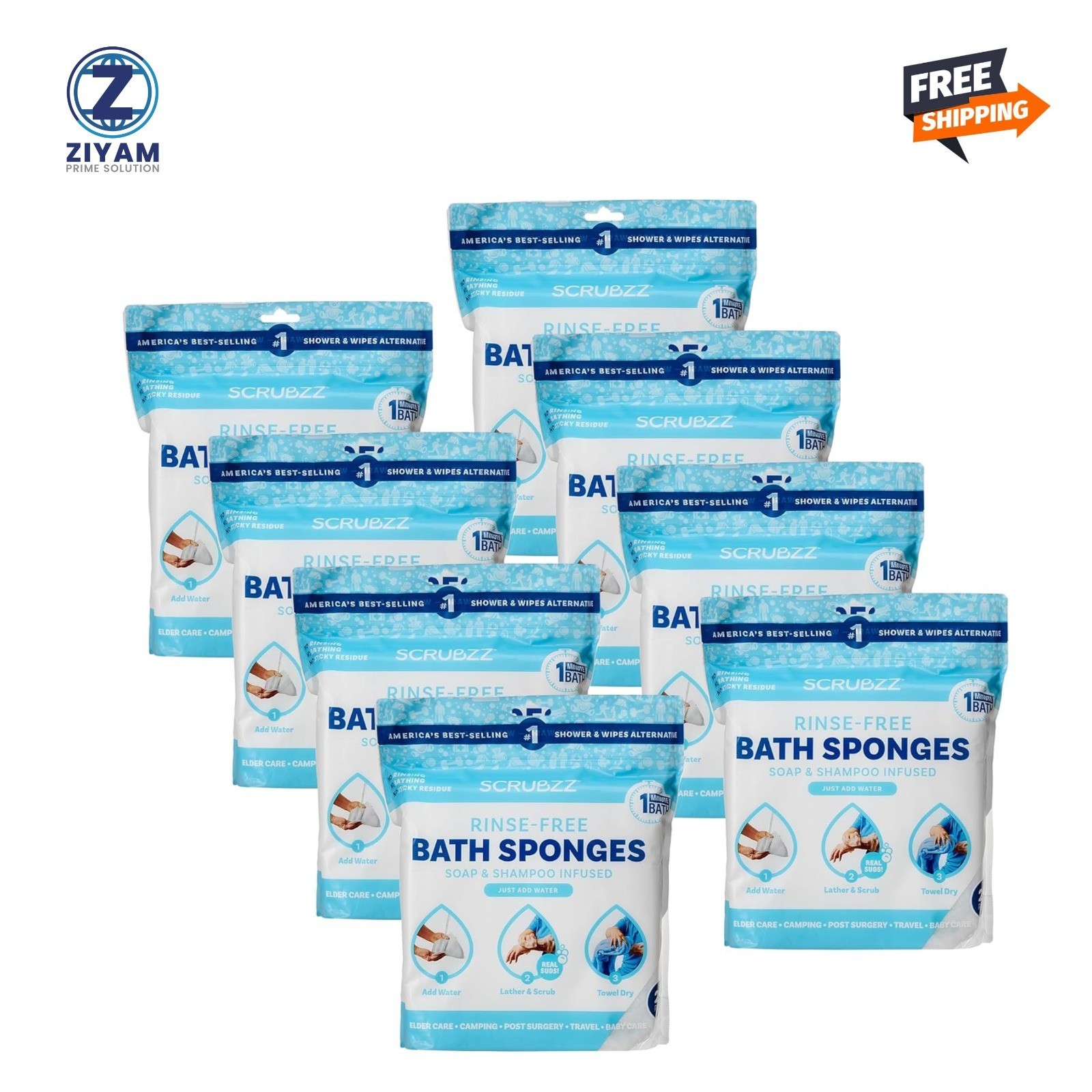 Scrubzz Disposable Rinse Free Bathing Sponges – Unscented, 200 Count