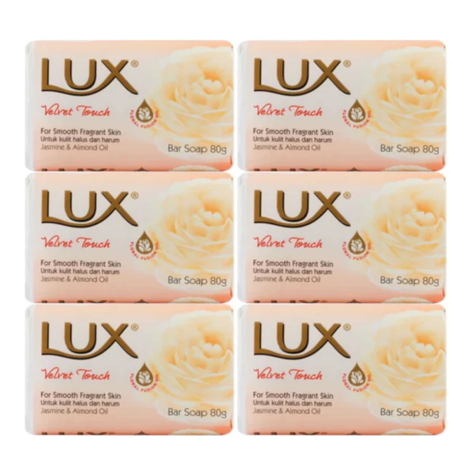 LUX Velvet Touch Bar Soap With Jasmine & Almond Oil, 80g (2.8oz) (Pack of 6)