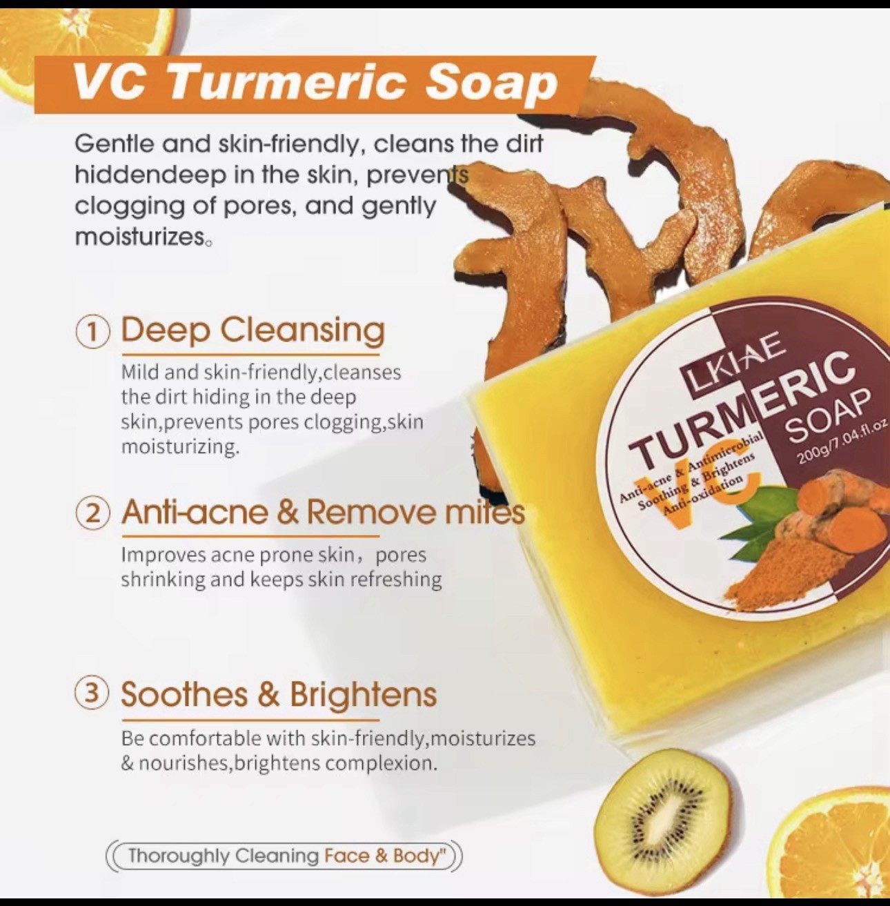 LKIAE VC Turmeric Soap Bar 200g Yellow Rectangular Deep Cleansing Anti-Acne