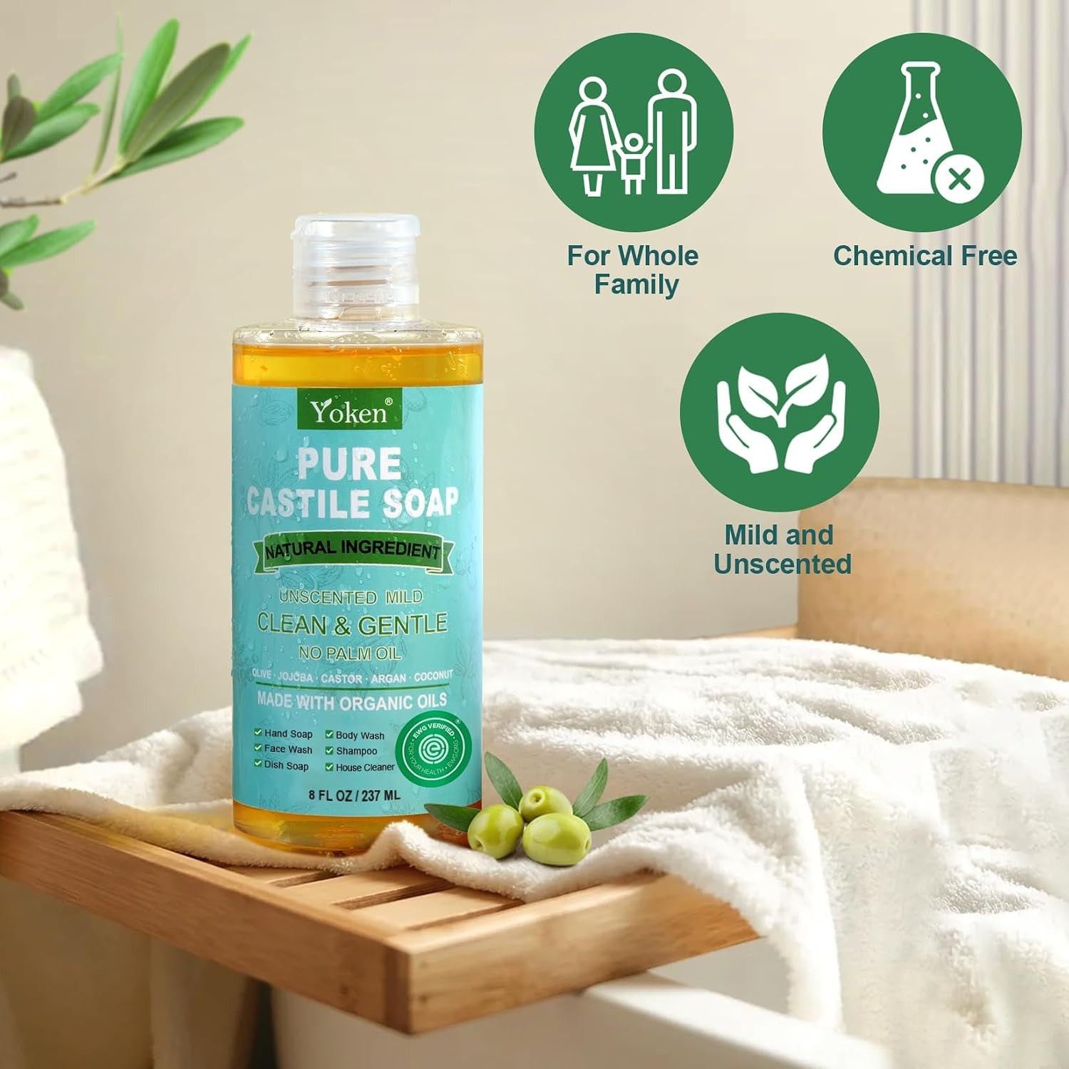 Pure Castile Liquid Soap 8 Oz Unscented with Organic Oil EWG Verified