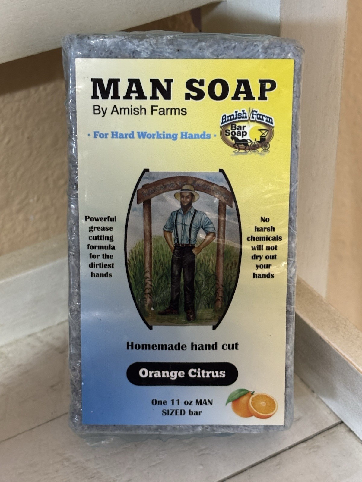 Amish Farms Men’s Soap 1 Large Bar Soap Men Heavy Duty 11 oz Orange Citrus HTF