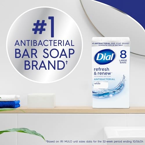 Dial Antibacterial Bar Soap, Refresh & Renew, White, 4 oz, 4 Ounce (Pack of 8)