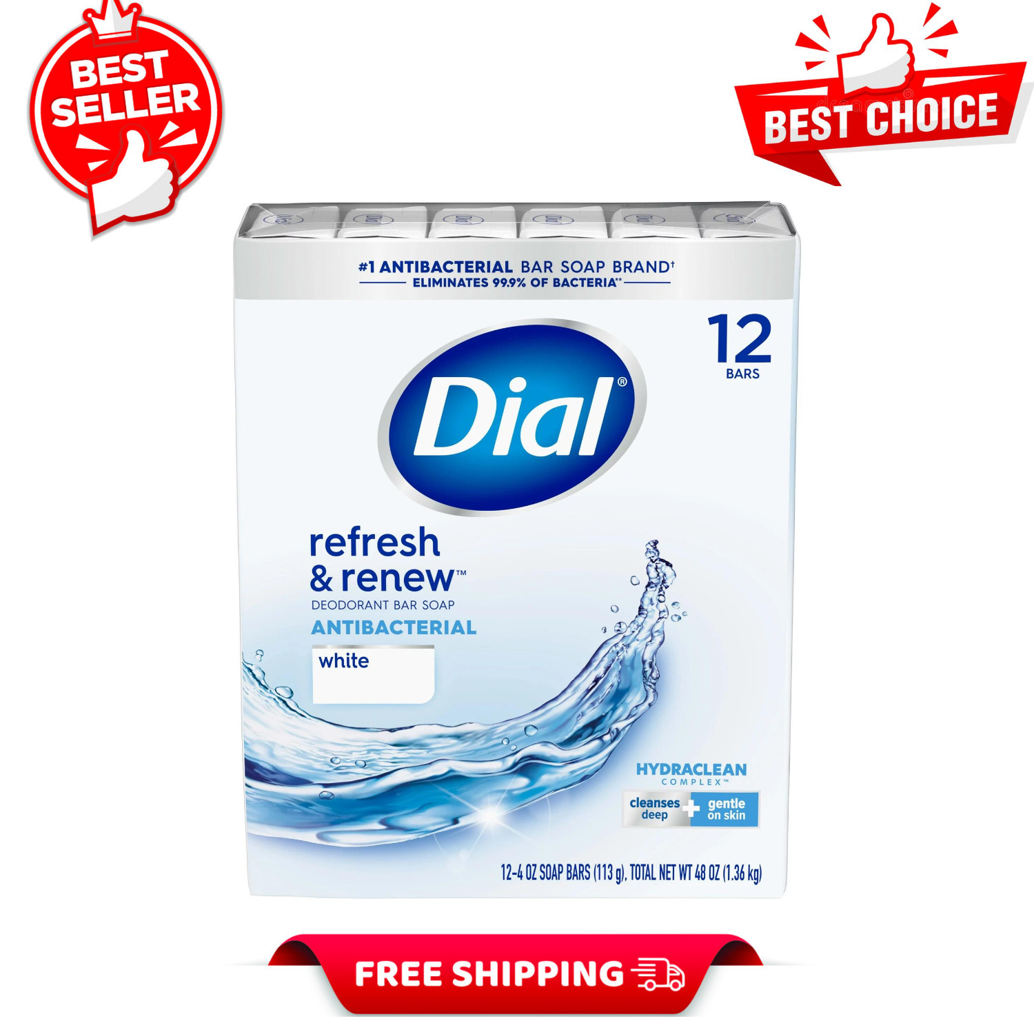 Dial Antibacterial Bar Soap, Refresh & Renew, Clean Rinsing, White, 4 oz, 12 Bar