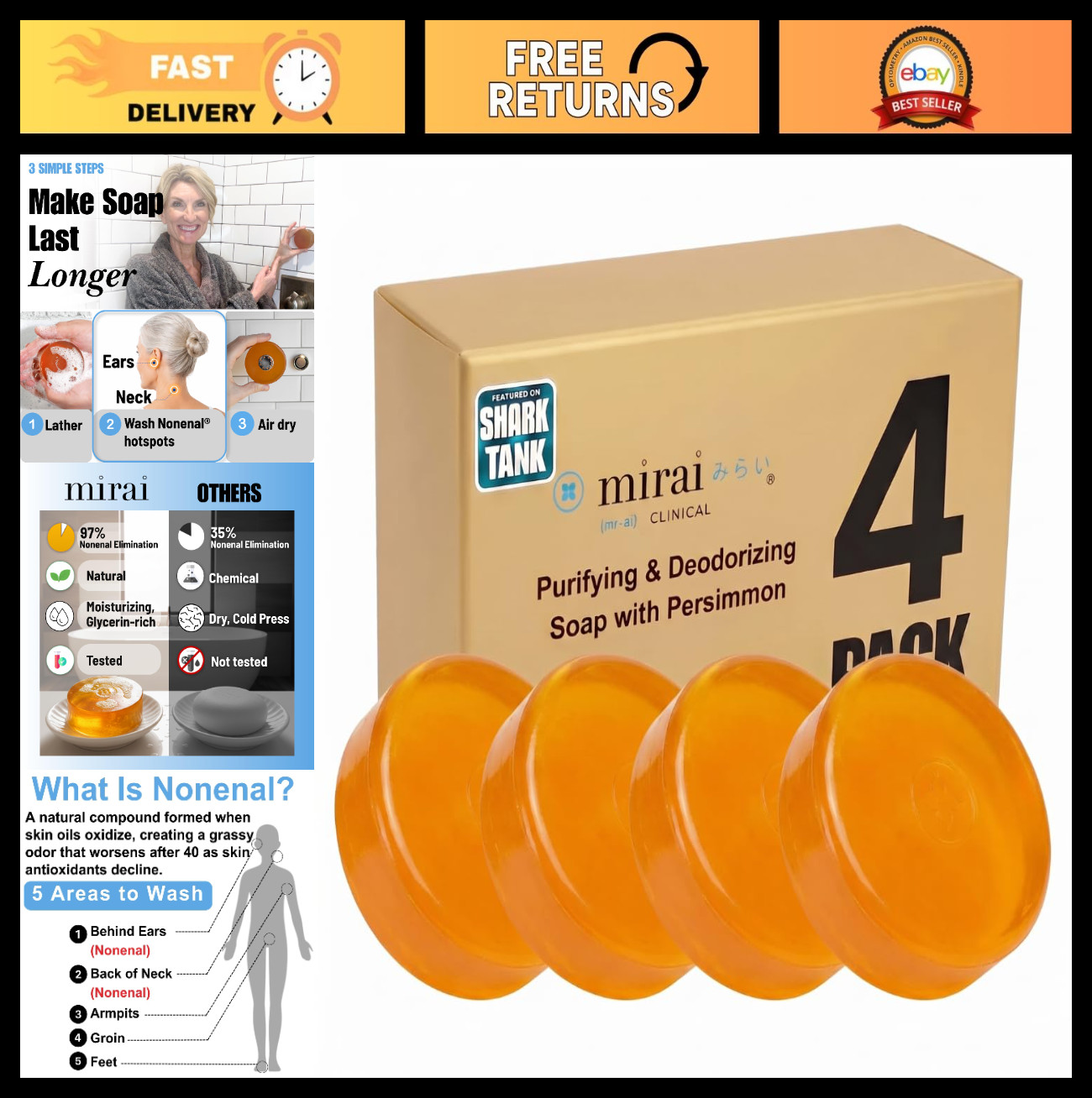 Persimmon Soap Bar for Body Odor – 4 Pack (100g Each) – Deodorizing & Purifying,