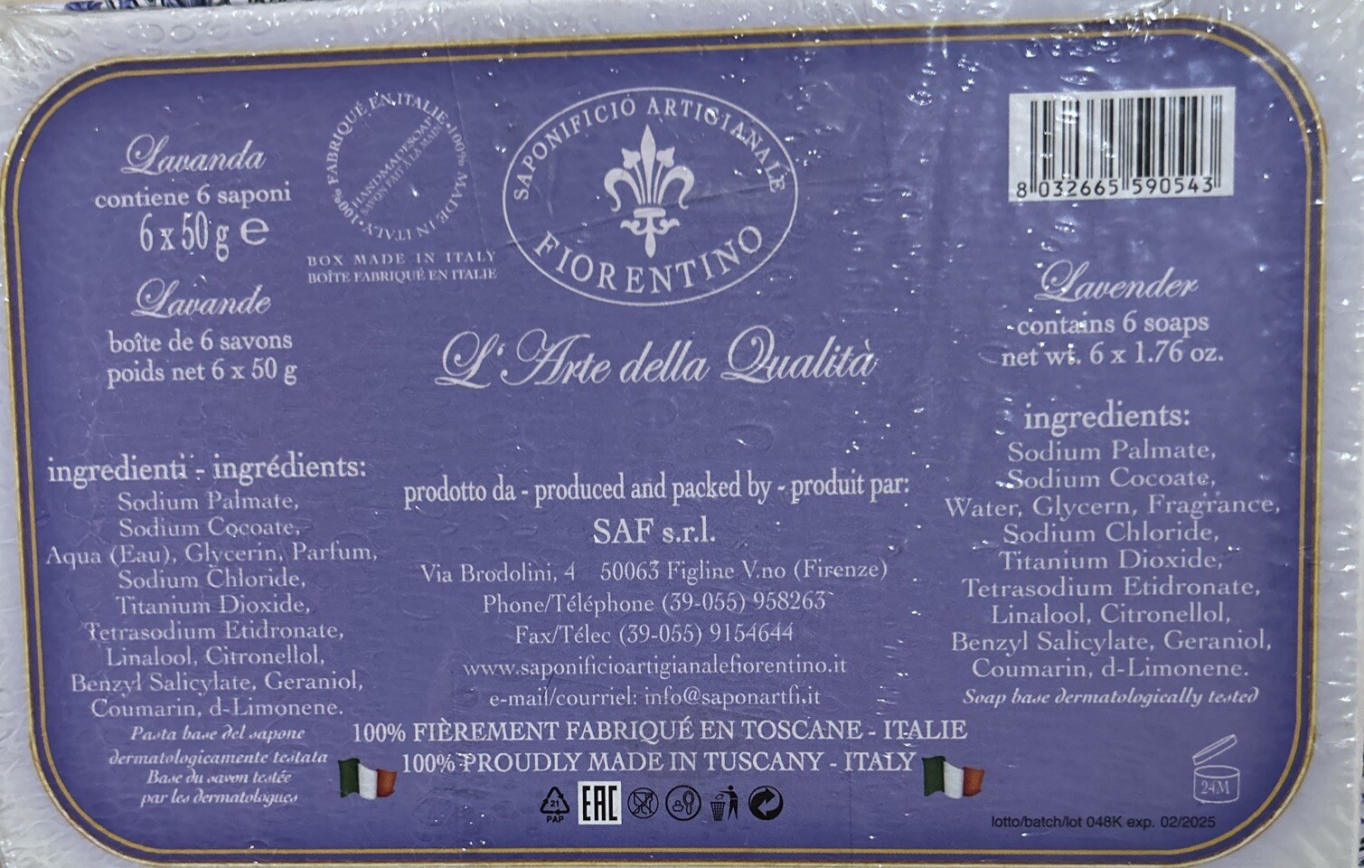 SAPONIFICIO ARTIGIANALE FIORENTINO TUSCAN LAVENDER SCENTED SOAPS 6×1.76 Oz