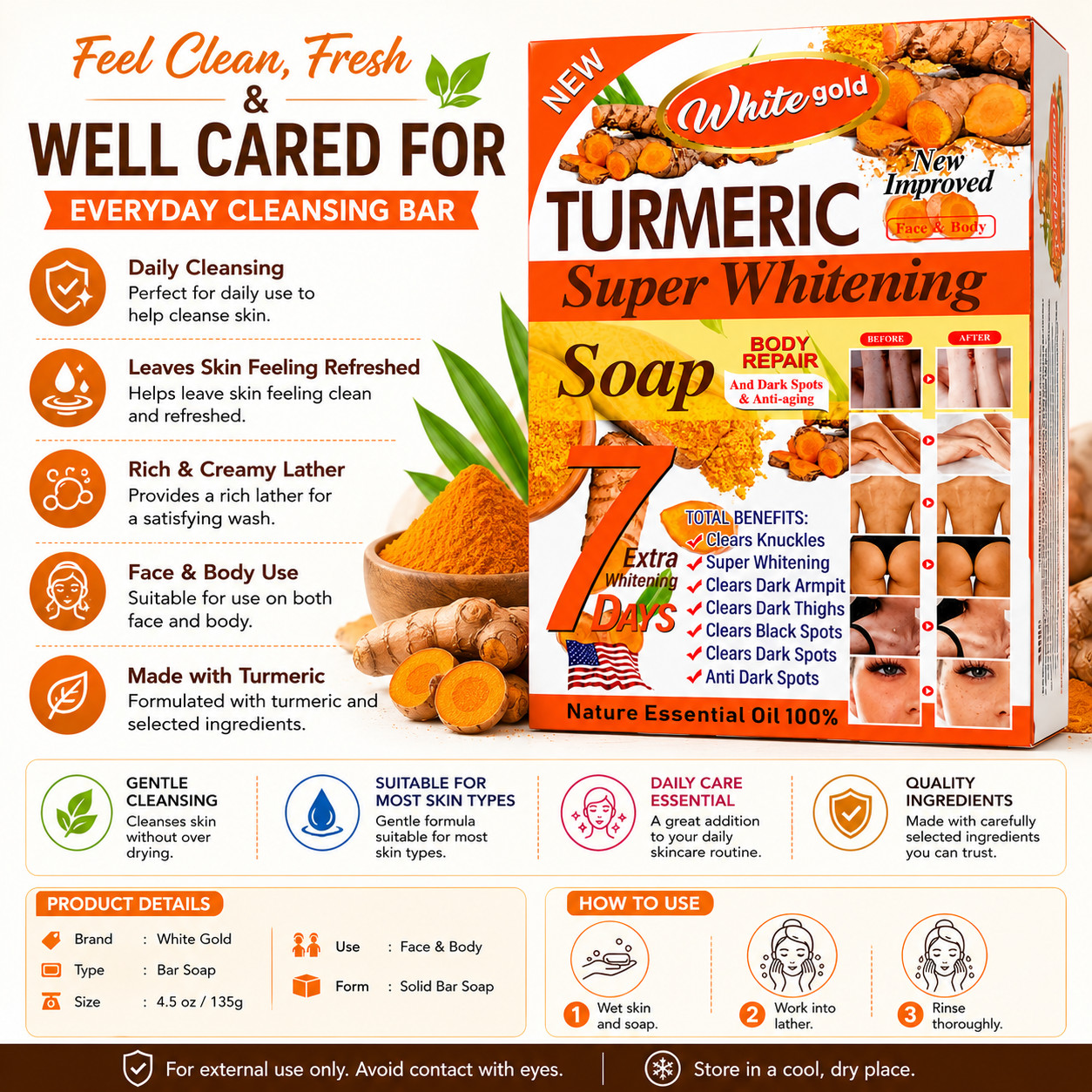 White Gold Turmeric Soap 4.5 oz Bar Soap For Face & Body Daily Cleansing – 1 Bar