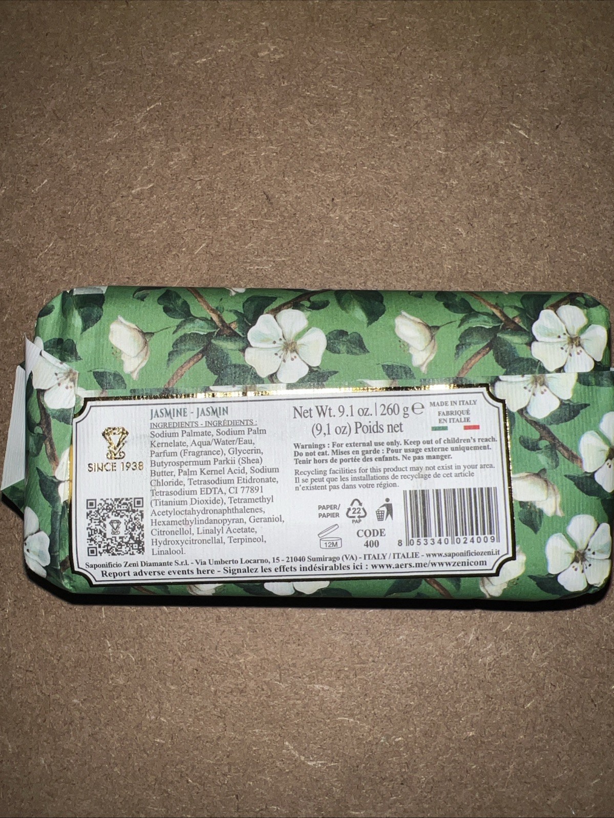 Diamante Italian Luxury Bath Bar Soap Jasmine scented 9.1oz fine triple milled