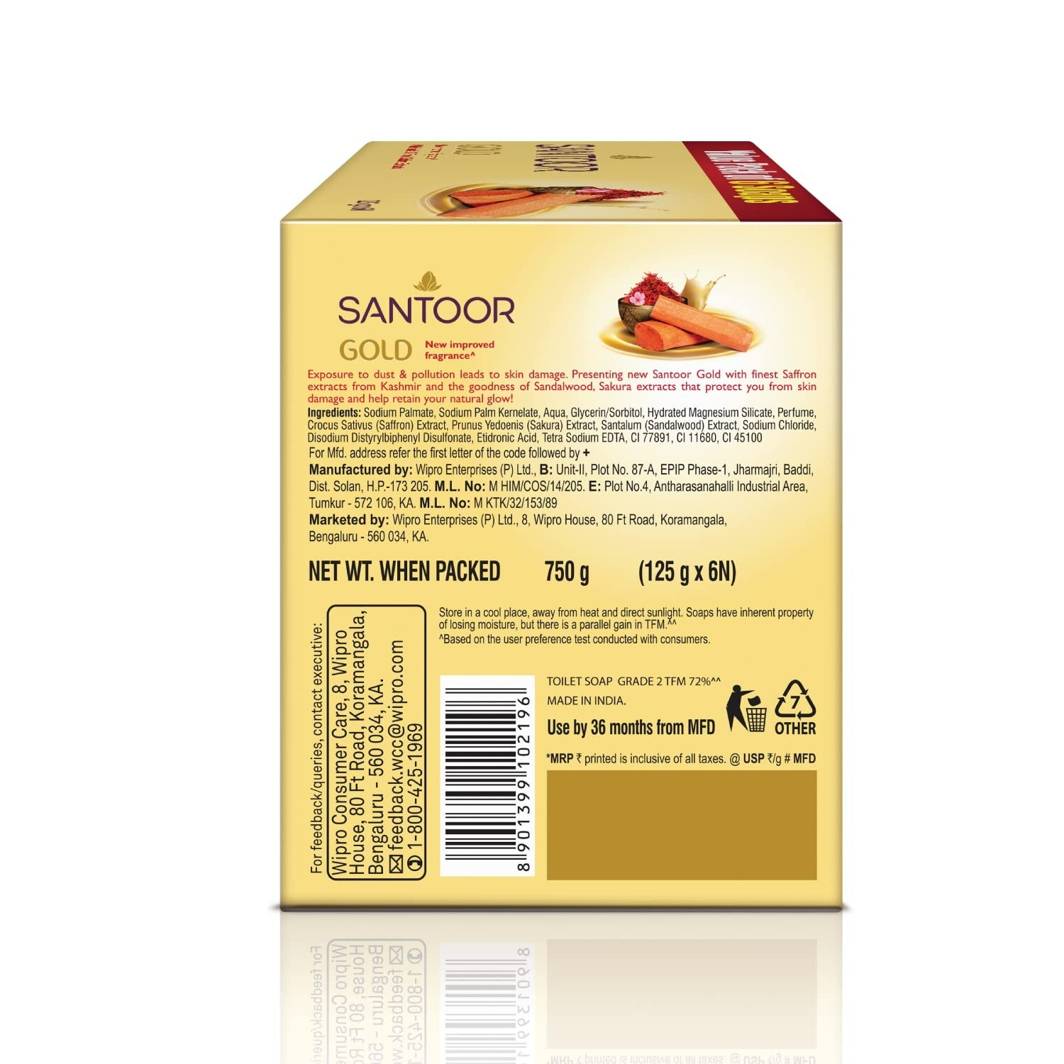Santoor Gold Bathing Bar Soap with Kashmiri Saffron Sandal Each 125g Pack Of 6
