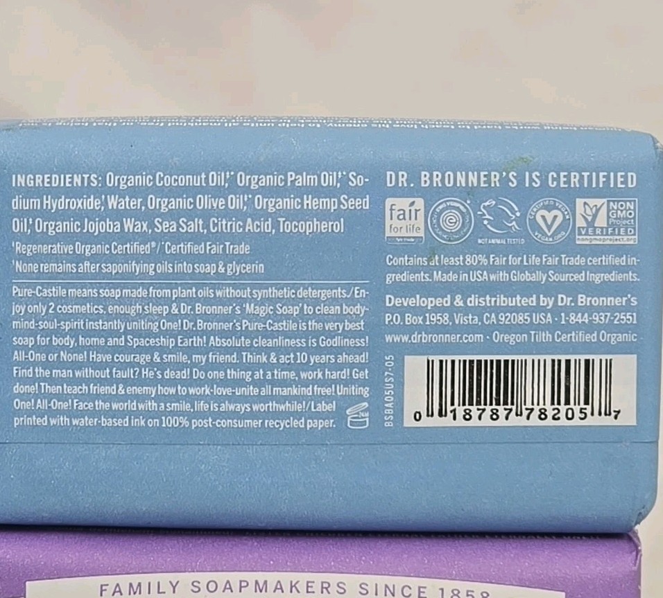 Dr. Bronner’s Pure-Castile Magic Peppermint Lavender Unscented Soap Bars 6-PACK