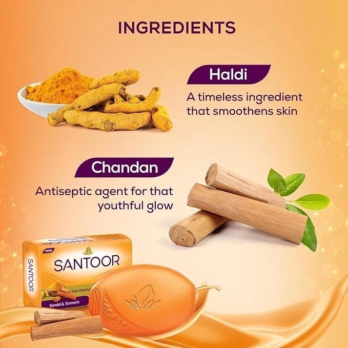 Santoor Sandal & Turmeric Soap 125g × 4 • Natural Glow & Skin Nourishment