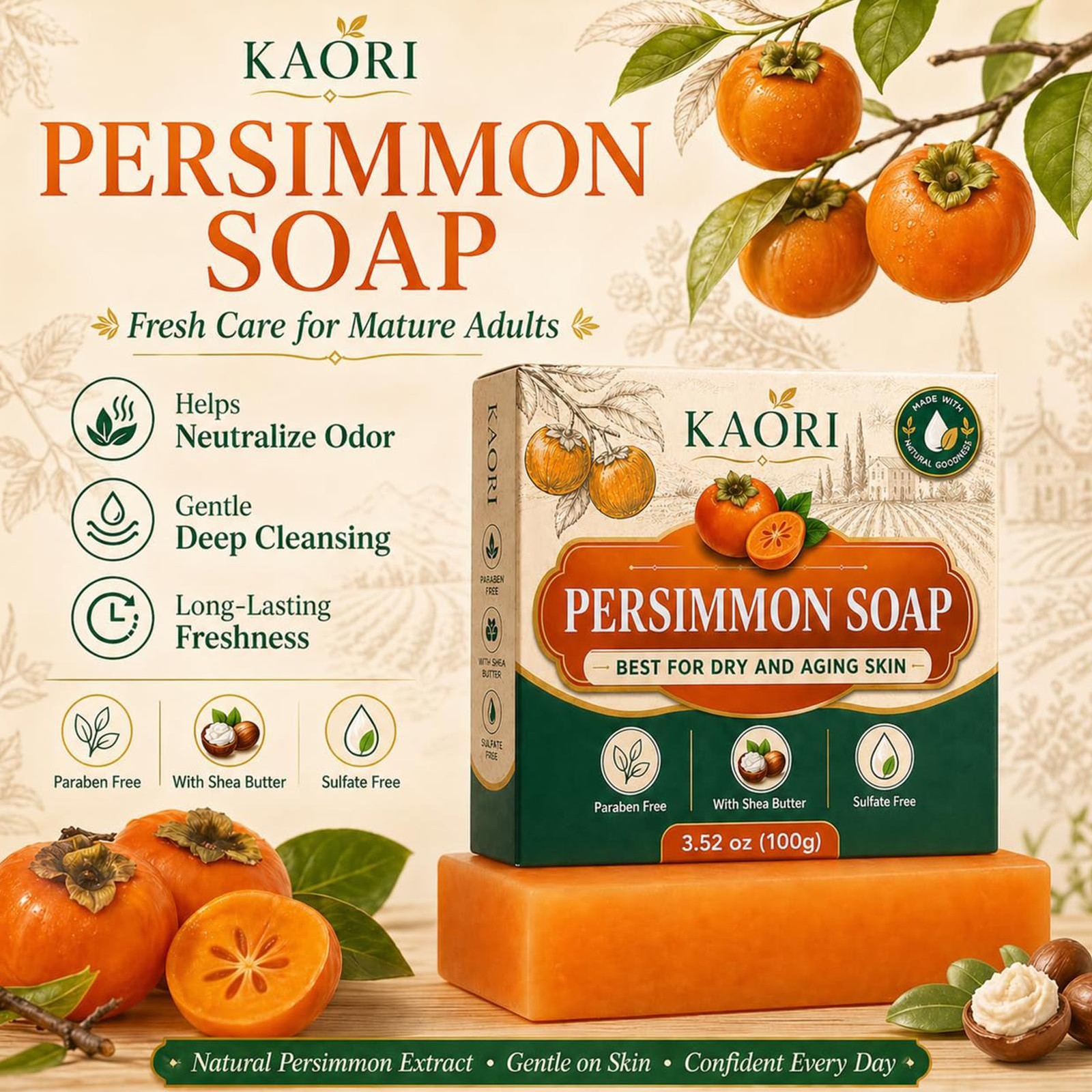 Persimmon Soap Green Tea Extract For Dry Aging Skin Unisex 1pc